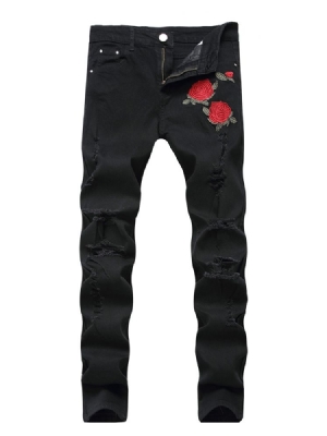 Calça Jeans Masculina Com Estampa Floral Com Zíper