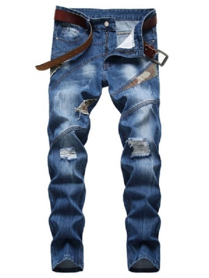 Calça Jeans Masculina Com Zíper De Cintura Média E Camuflagem Reta