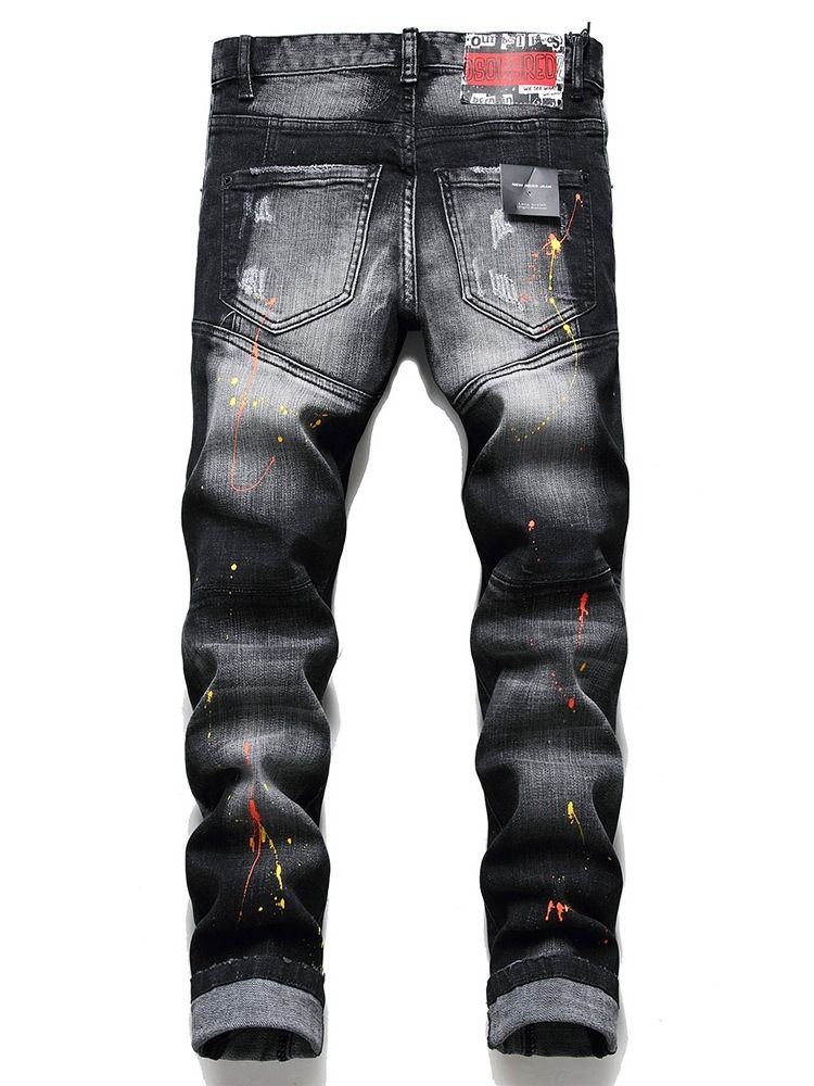 Calça Jeans Masculina Coreana De Cintura Média De Botão Reto Com Letras