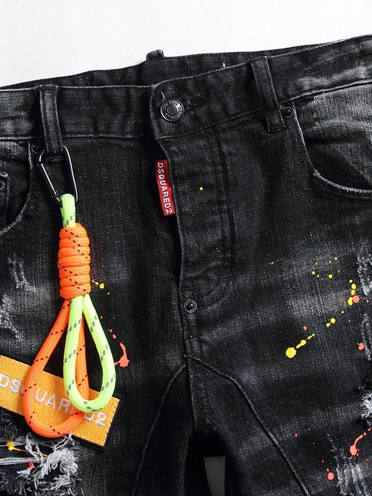 Calça Jeans Masculina Coreana De Cintura Média De Botão Reto Com Letras