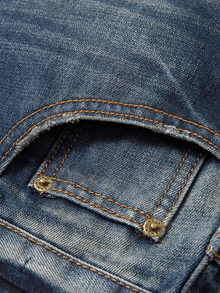 Calça Jeans Masculina Europeia Bordada Em Bloco De Cor Reta Com Cintura Média