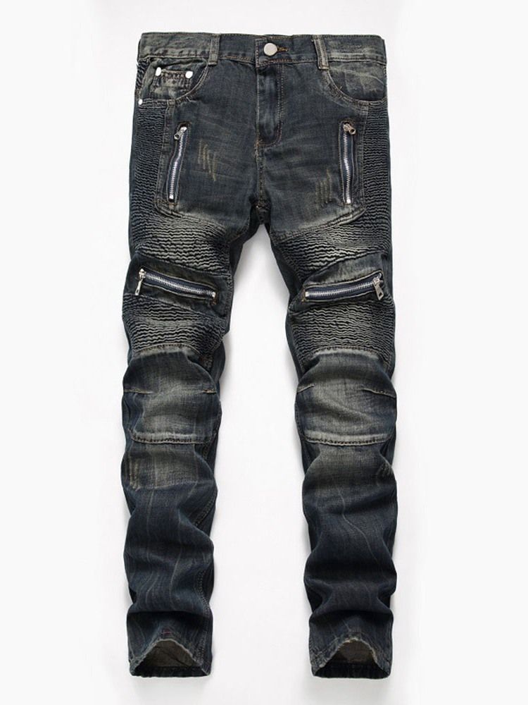 Calça Jeans Masculina Europeia Com Zíper Plissado