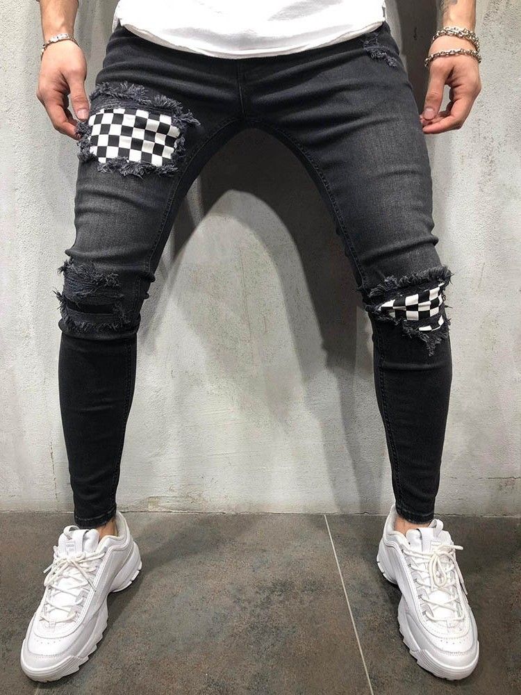 Calça Jeans Masculina Fina Zipper Color Block