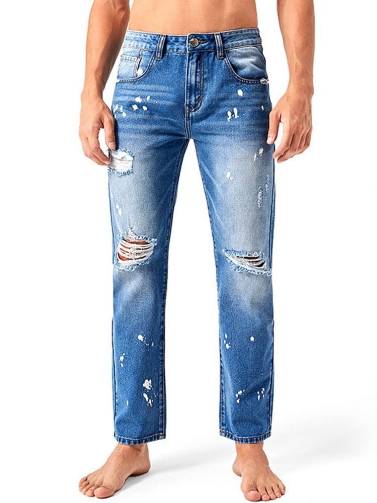 Calça Jeans Masculina Reta Com Zíper De Cintura Média E Bloco