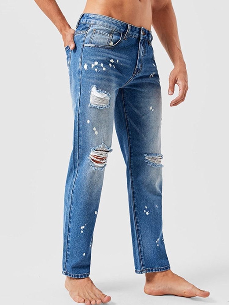 Calça Jeans Masculina Reta Com Zíper De Cintura Média E Bloco