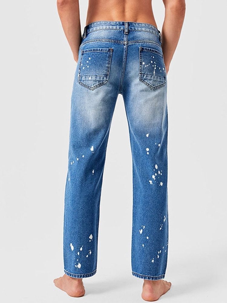 Calça Jeans Masculina Reta Com Zíper De Cintura Média E Bloco