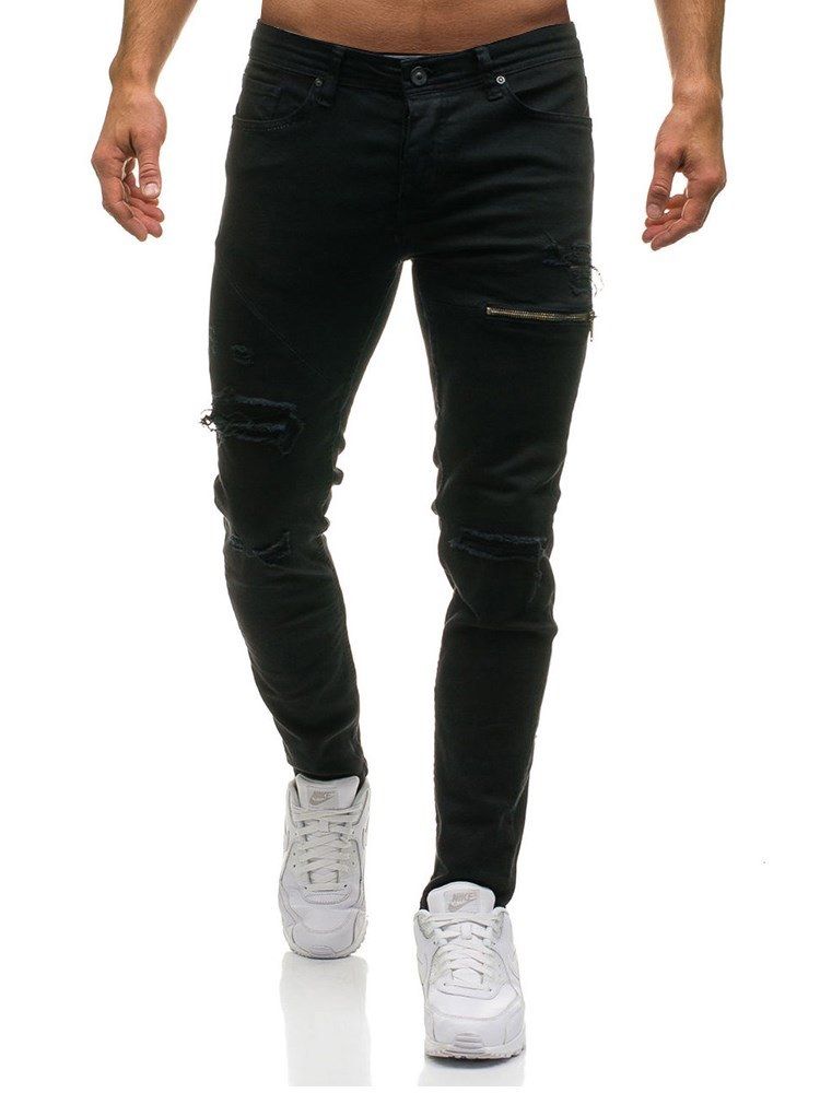 Calça Jeans Simples Desgastada Inelástica Masculina Casual Rasgada