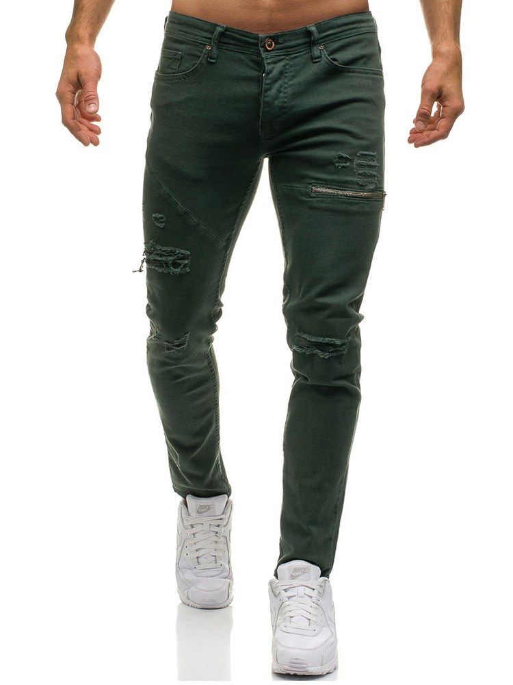 Calça Jeans Simples Desgastada Inelástica Masculina Casual Rasgada