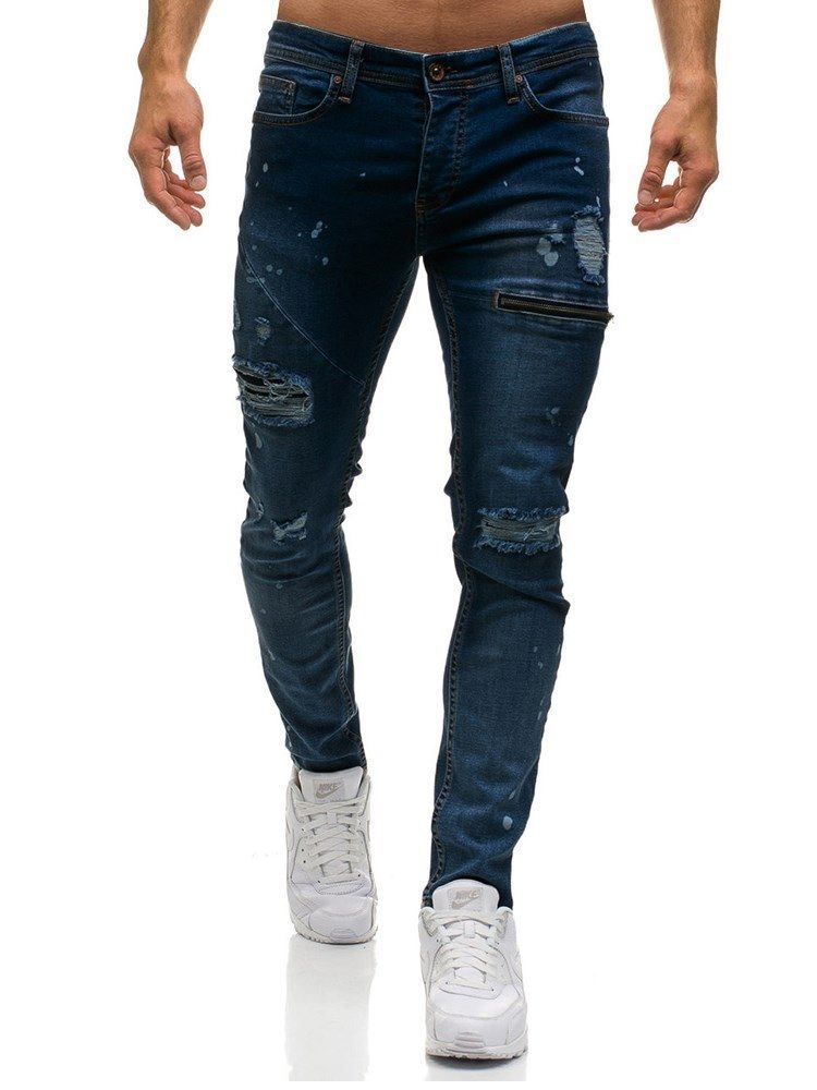 Calça Jeans Simples Desgastada Inelástica Masculina Casual Rasgada