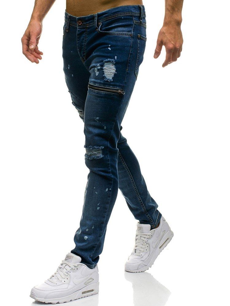 Calça Jeans Simples Desgastada Inelástica Masculina Casual Rasgada