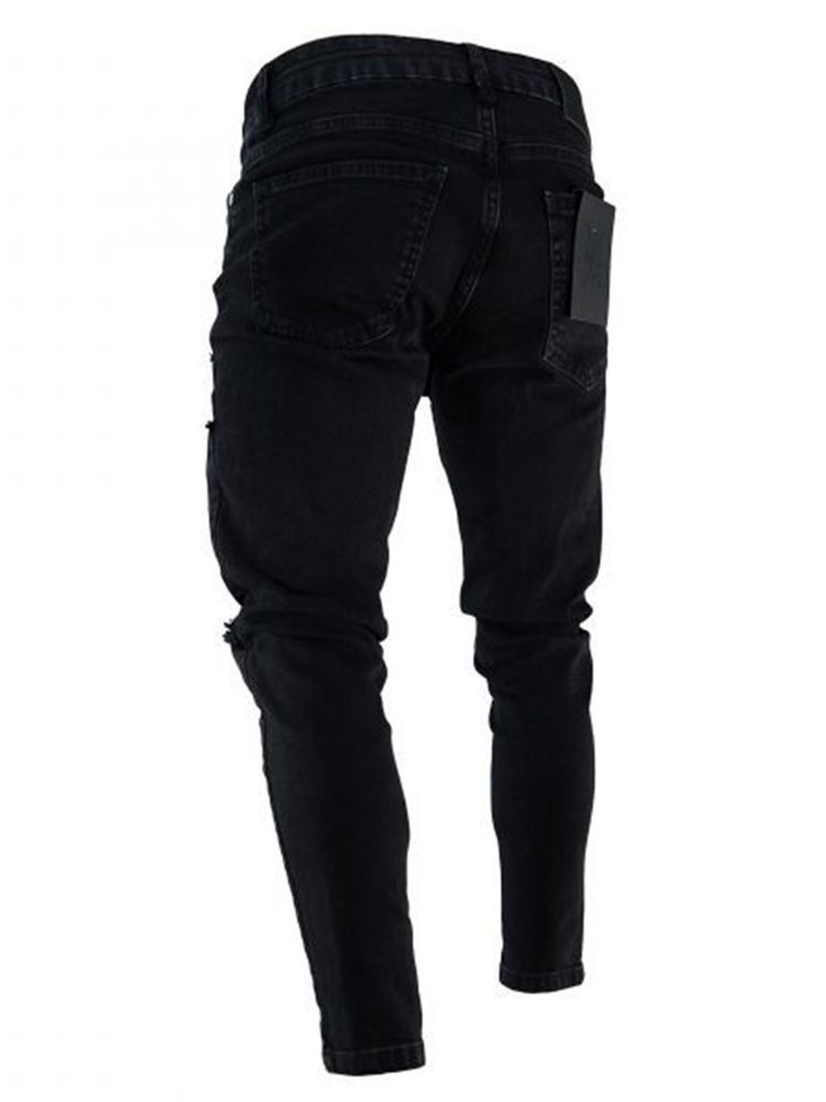 Calça Jeans Skinny Masculina Rasgada Com Zíper Preto