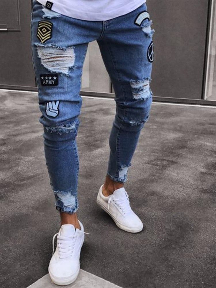 Calça Lápis Apliques Calça Jeans Casual Masculina Cintura Média