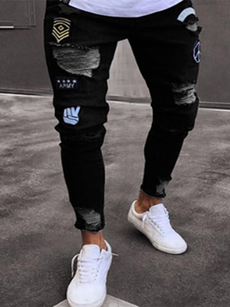 Calça Lápis Apliques Calça Jeans Casual Masculina Cintura Média