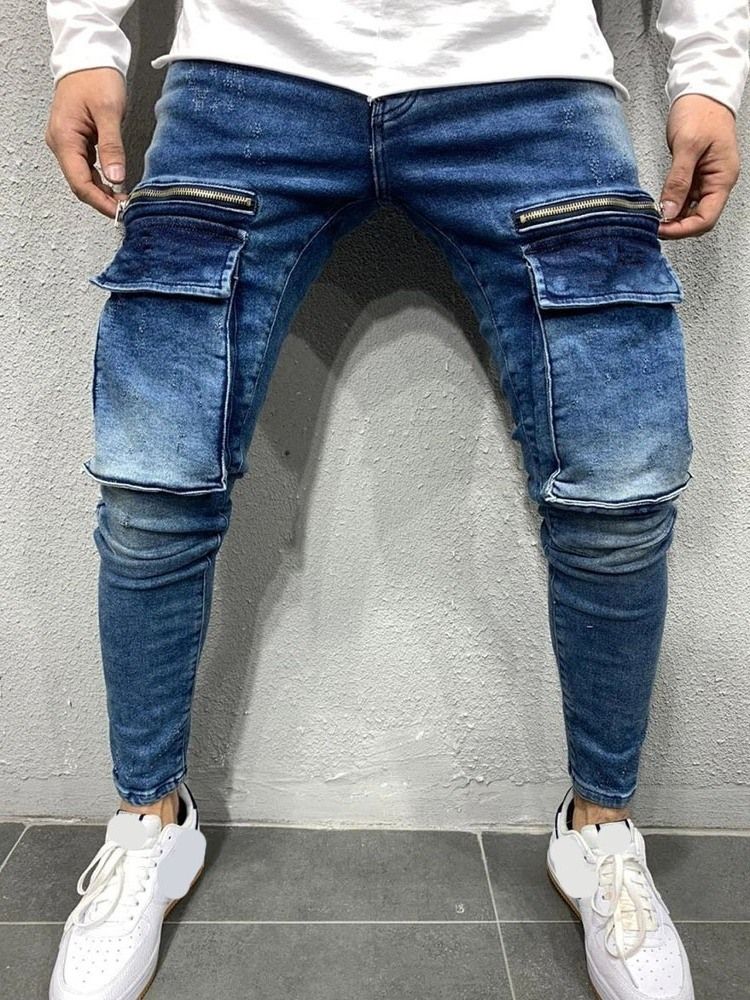 Calça Lápis Bolso Casual De Cintura Média Calça Jeans Masculina