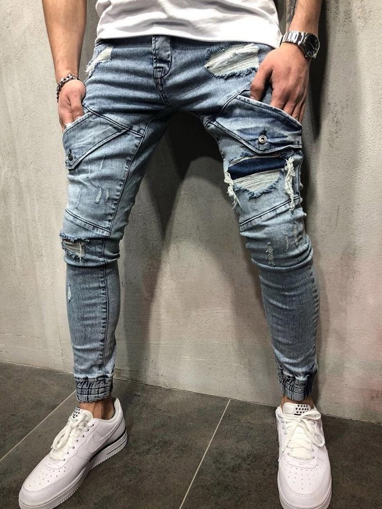 Calça Lápis Bolso Cintura Média Zíper Calça Jeans Masculina