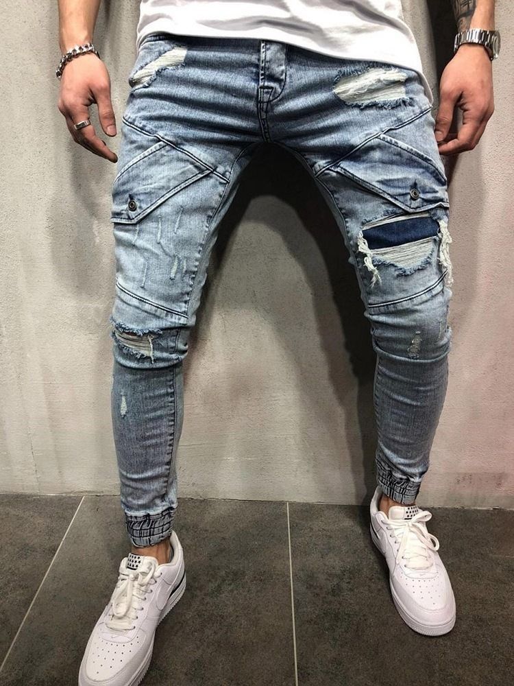 Calça Lápis Bolso Cintura Média Zíper Calça Jeans Masculina