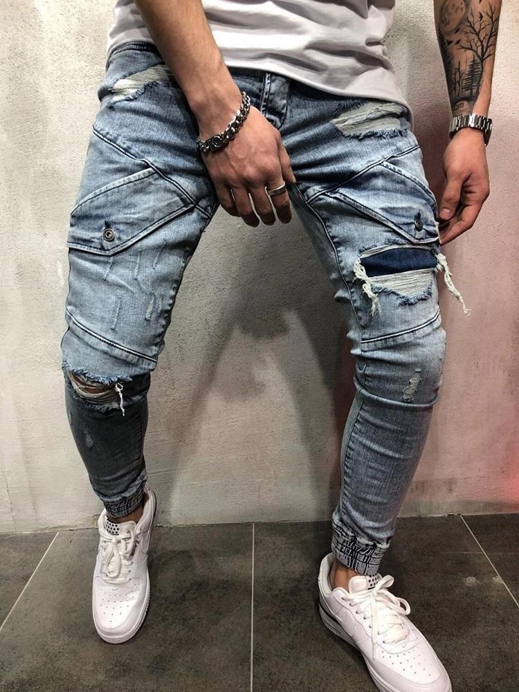 Calça Lápis Bolso Cintura Média Zíper Calça Jeans Masculina