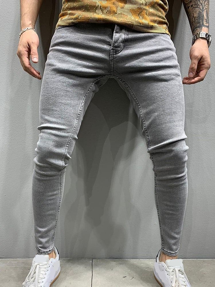 Calça Lápis De Bolso Liso Com Zíper Jeans Casual Masculino