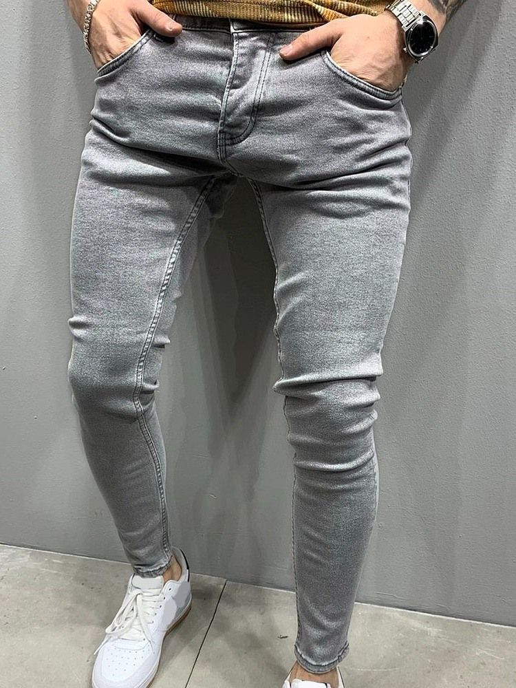 Calça Lápis De Bolso Liso Com Zíper Jeans Casual Masculino