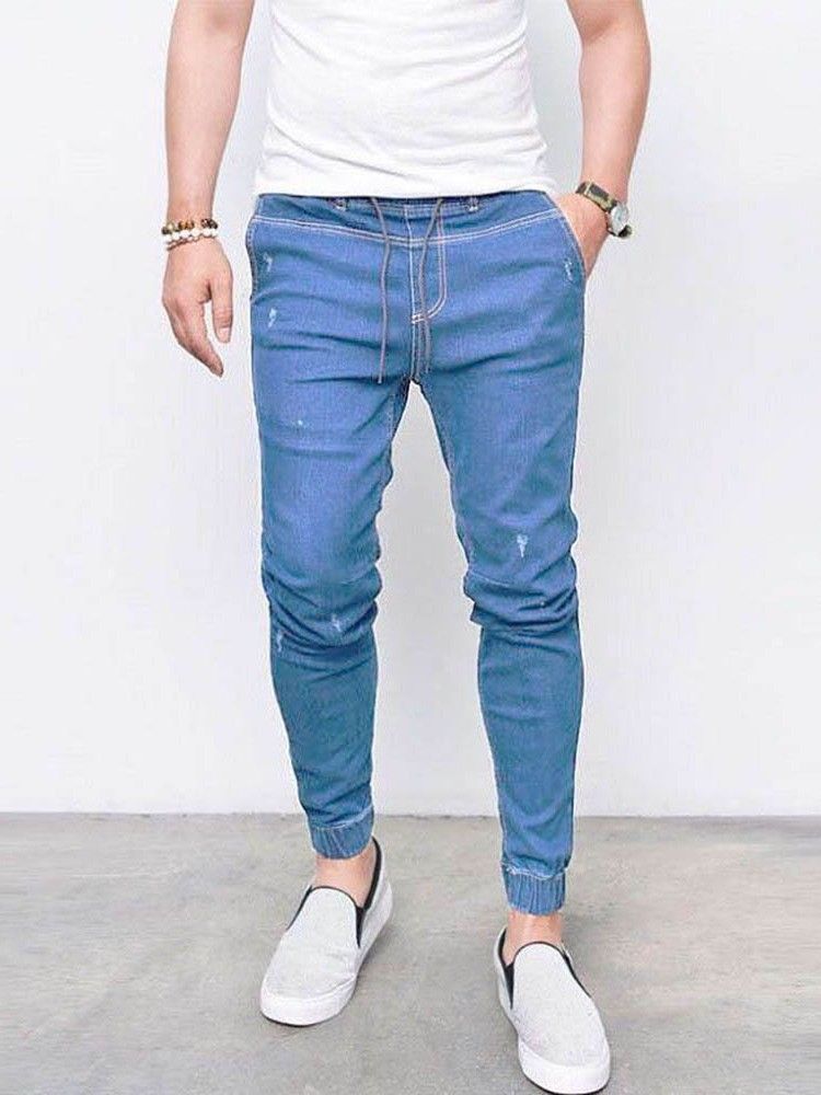 Calça Lápis De Bolso Liso Jeans Casual Masculino