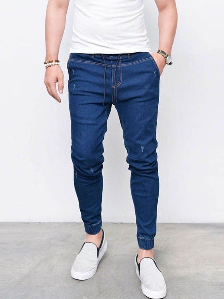 Calça Lápis De Bolso Liso Jeans Casual Masculino