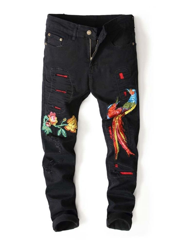 Calça Lápis Bordada Masculina Jeans De Cintura Média Com Zíper Floral