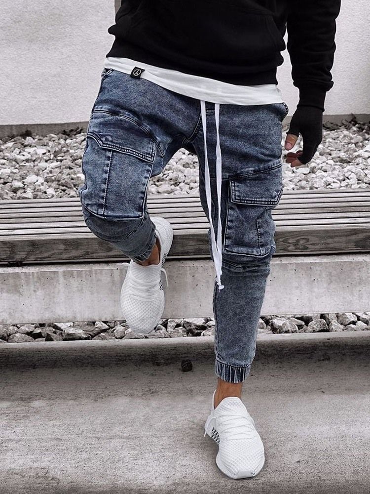 Calça Lápis Bordado Casual Homem Jeans Cintura Média