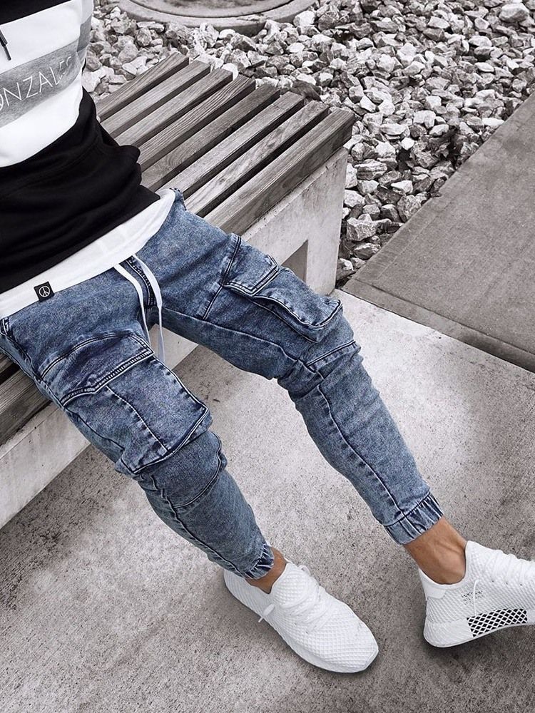 Calça Lápis Bordado Casual Homem Jeans Cintura Média