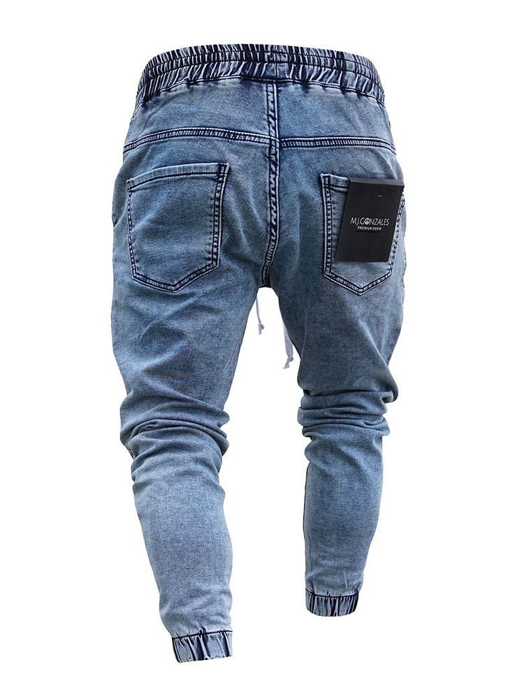 Calça Lápis Bordado Casual Homem Jeans Cintura Média