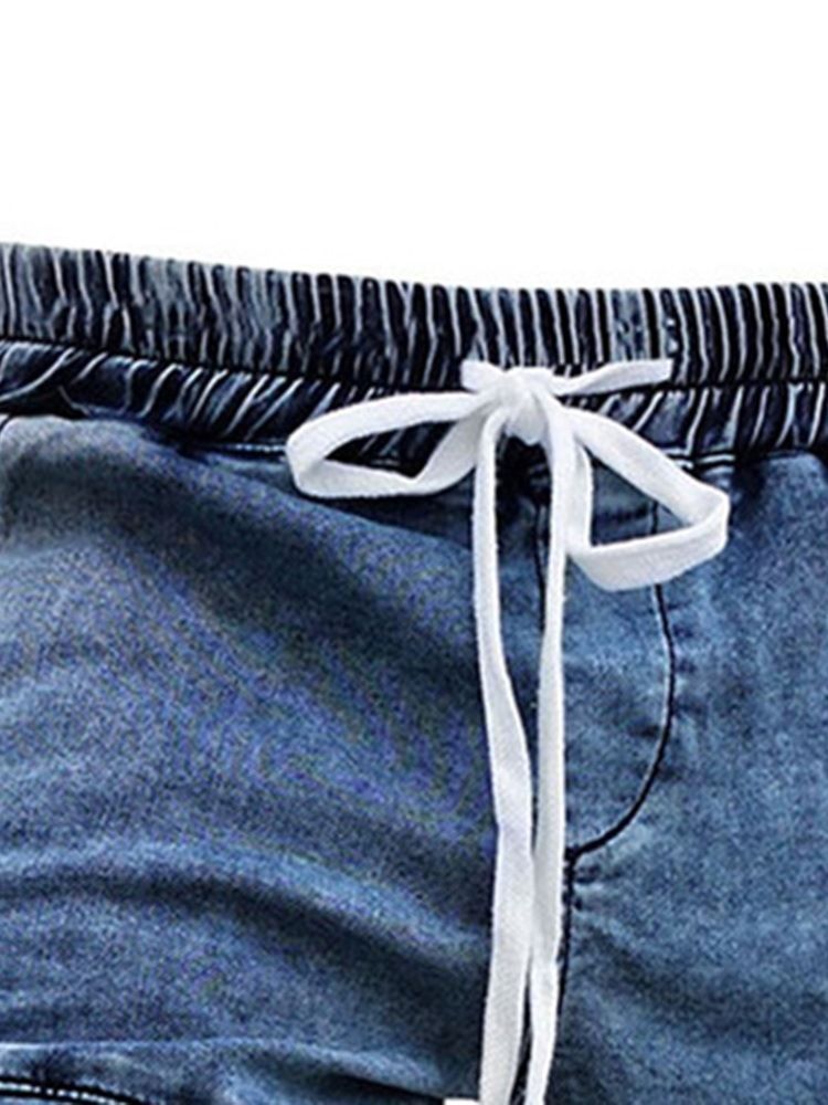 Calça Lápis Bordado Casual Homem Jeans Cintura Média