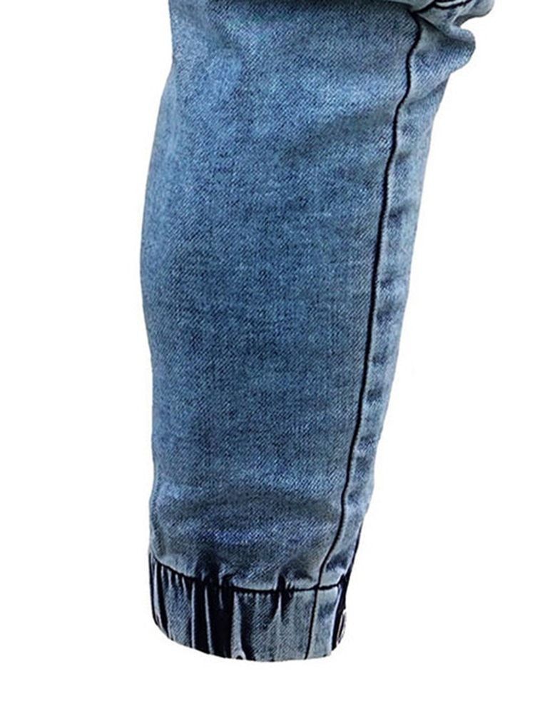 Calça Lápis Bordado Casual Homem Jeans Cintura Média