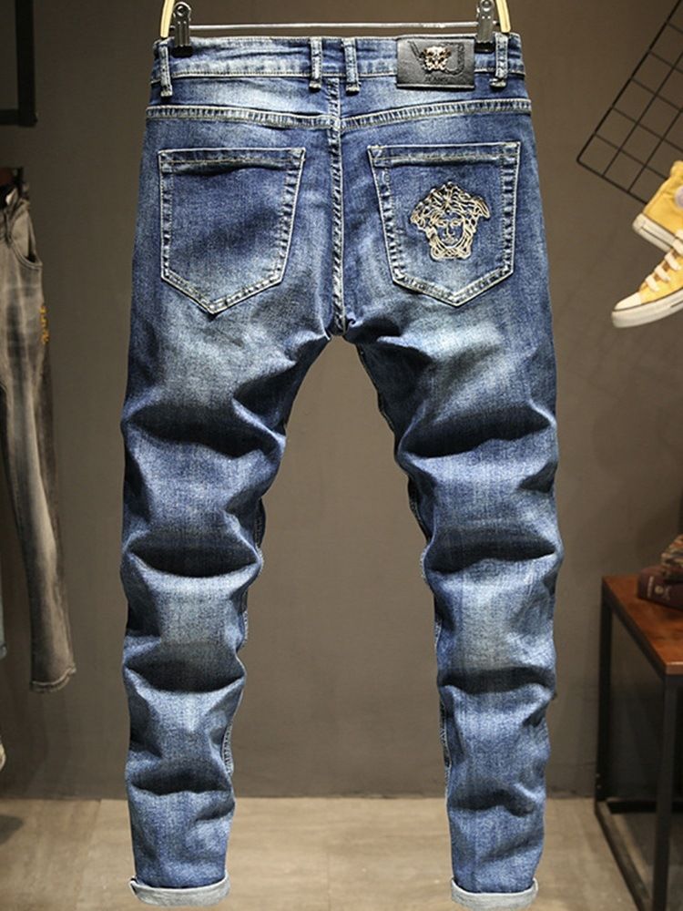 Calça Lápis Bordado Masculino Com Zíper Calça Jeans Casual