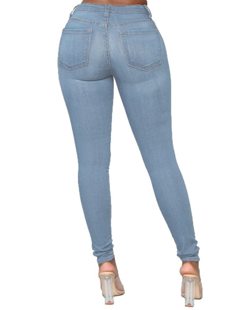 Calça Lápis De Botão Liso Feminino Jeans Magro De Cintura Média