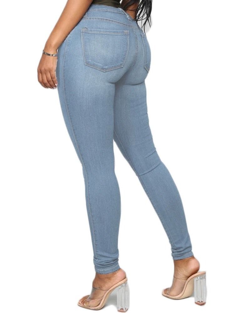 Calça Lápis De Botão Liso Feminino Jeans Magro De Cintura Média