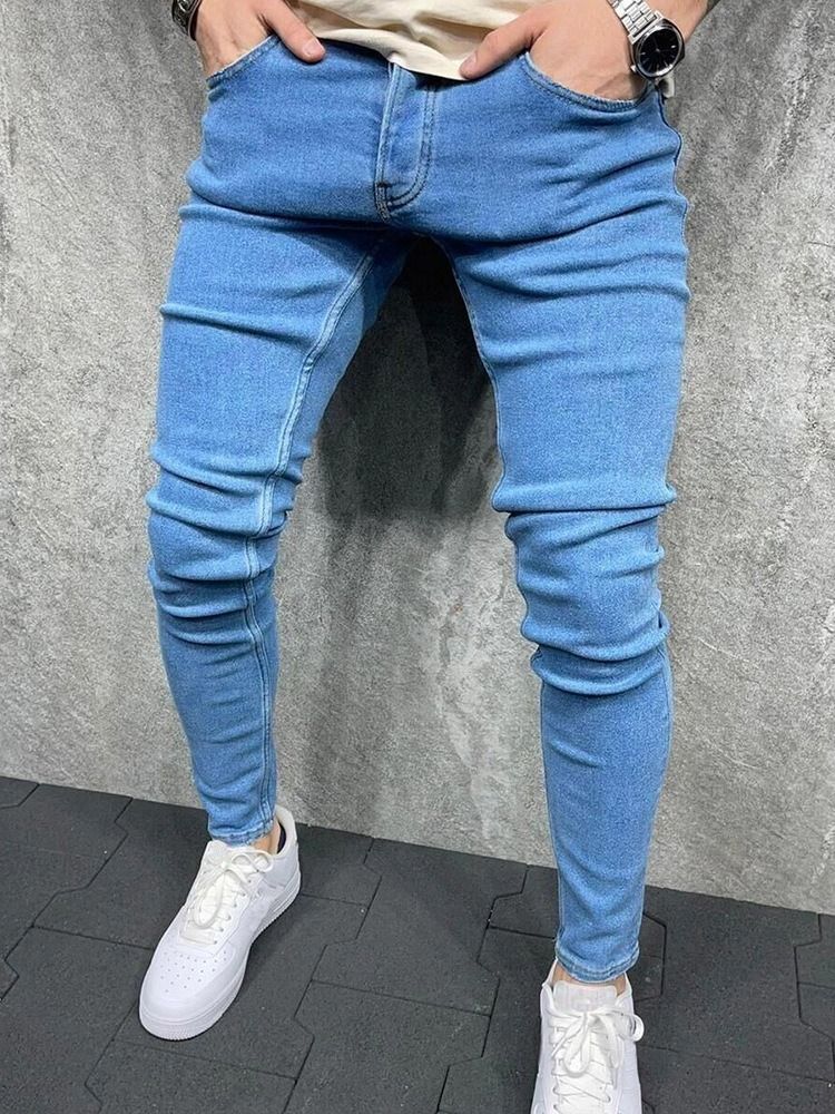 Calça Lápis Botão Liso Calça Jeans Masculino Com Zíper