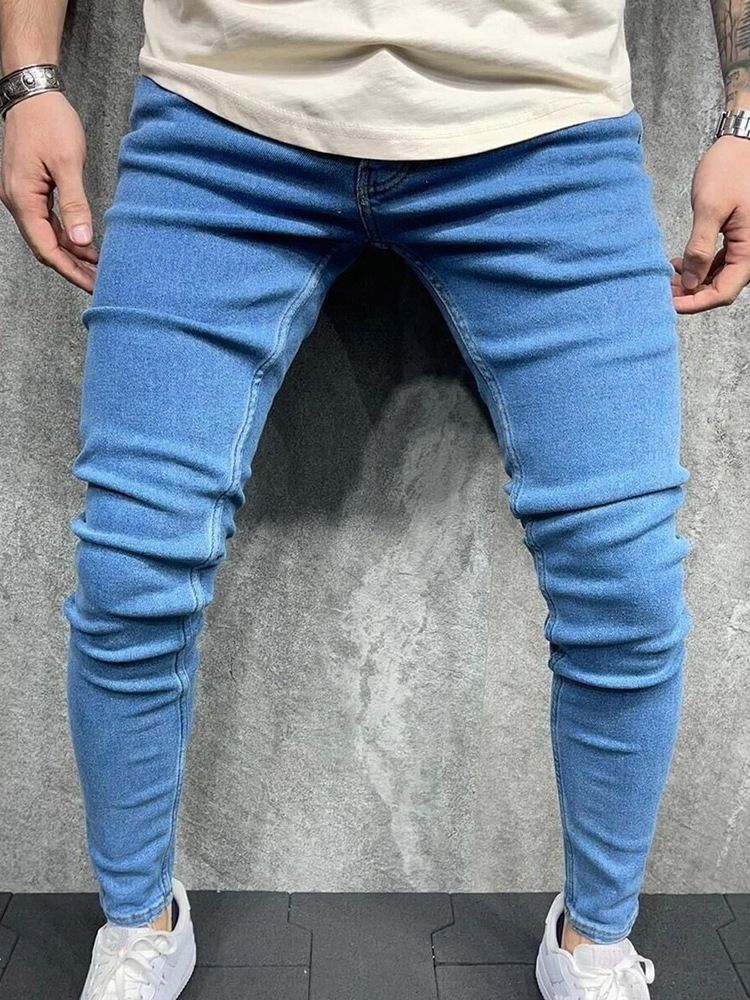 Calça Lápis Botão Liso Calça Jeans Masculino Com Zíper