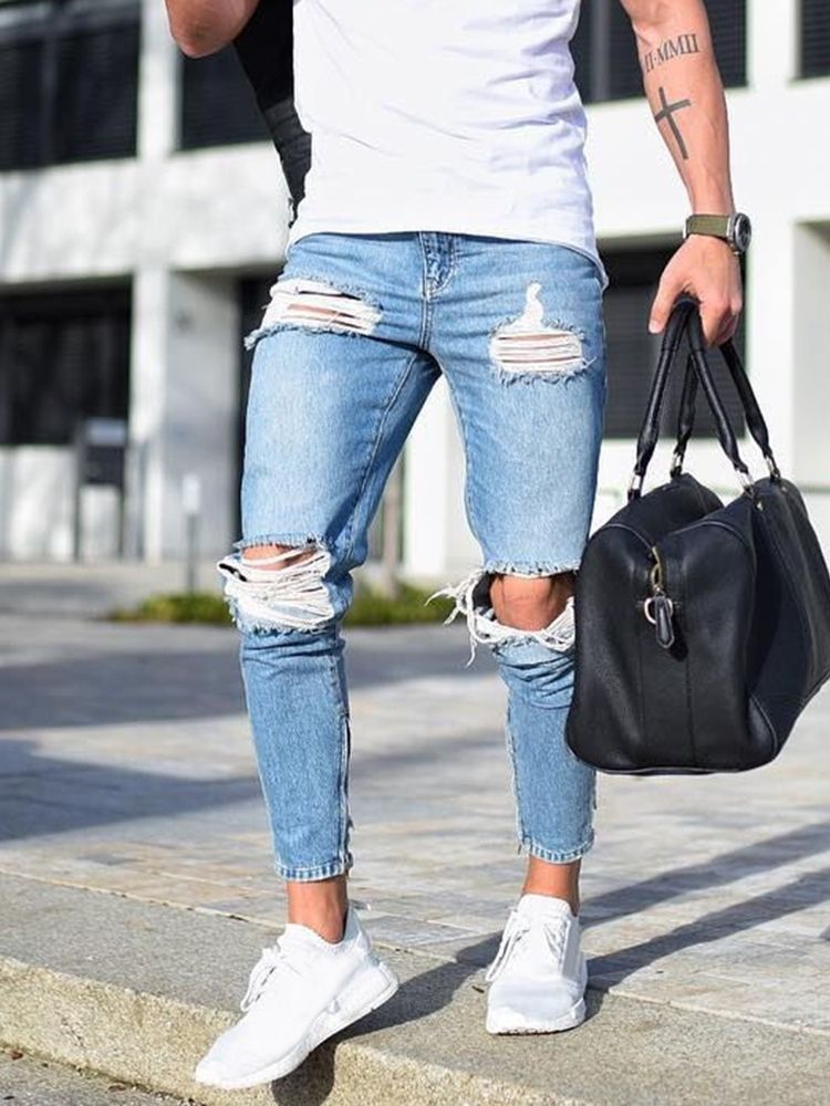 Calça Lápis Buraco Simples Calça Jeans Homem Zíper Cintura Média