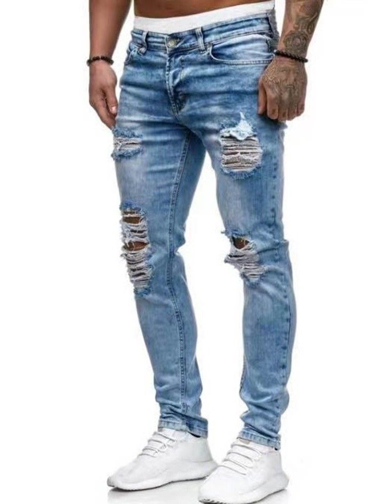 Calça Lápis Buraco Zíper Europeu Masculino Jeans