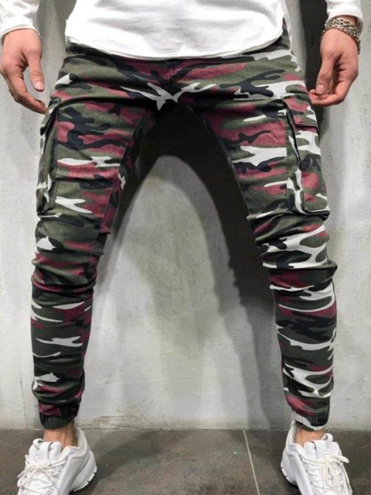 Calça Lápis Camuflagem Bolso Zíper Calça Jeans Casual Masculina