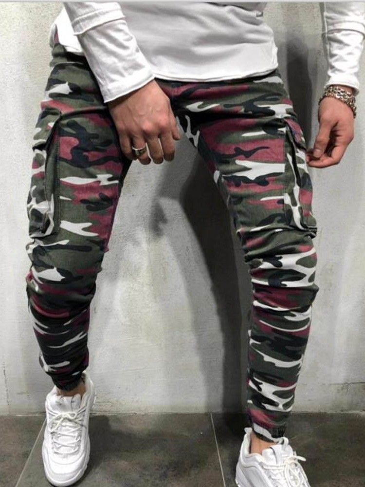 Calça Lápis Camuflagem Bolso Zíper Calça Jeans Casual Masculina