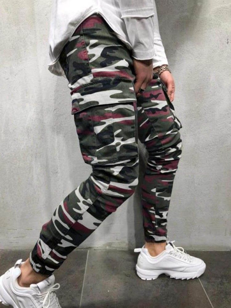 Calça Lápis Camuflagem Bolso Zíper Calça Jeans Casual Masculina