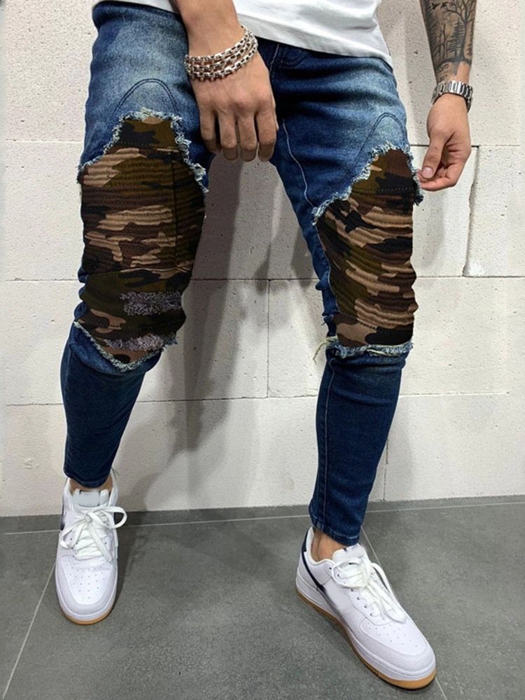 Calça Lápis Camuflagem Buraco Casual Cintura Média Calça Jeans Masculina