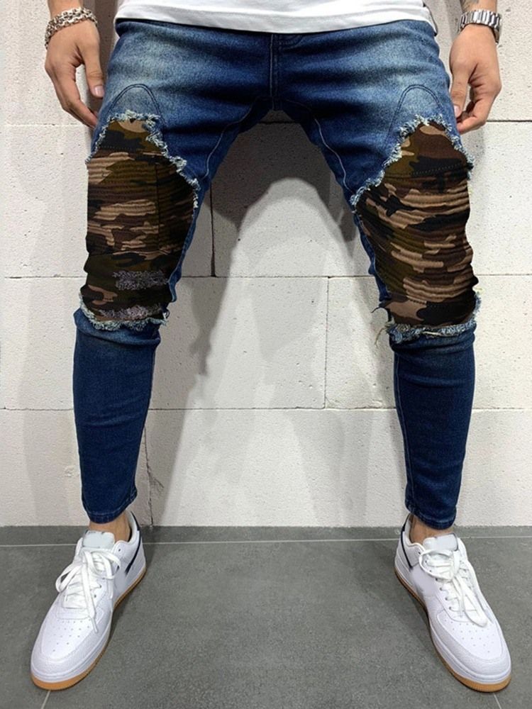 Calça Lápis Camuflagem Buraco Casual Cintura Média Calça Jeans Masculina