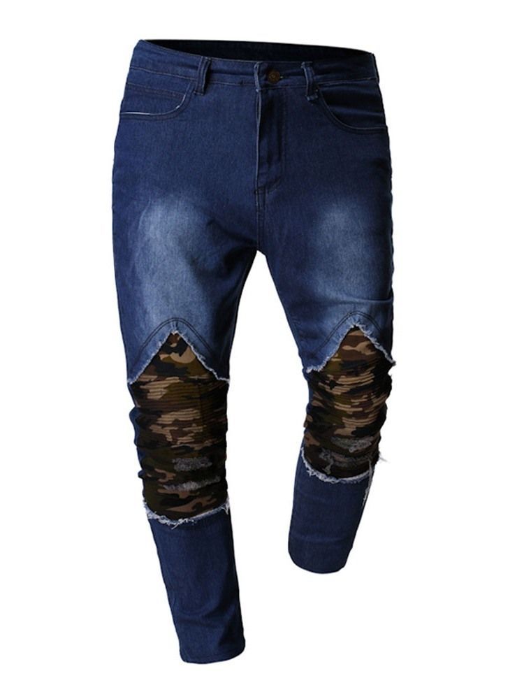 Calça Lápis Camuflagem Buraco Casual Cintura Média Calça Jeans Masculina