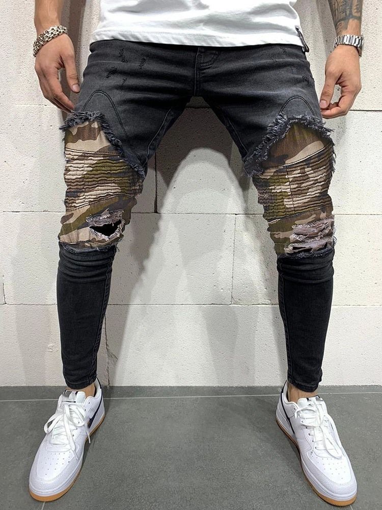 Calça Lápis Camuflagem Buraco Casual Cintura Média Calça Jeans Masculina