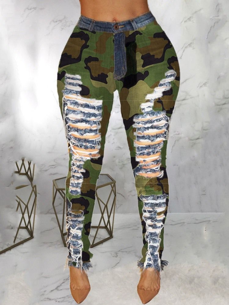 Calça Lápis Camuflagem Patchwork Calça Jeans Feminino Cintura Média