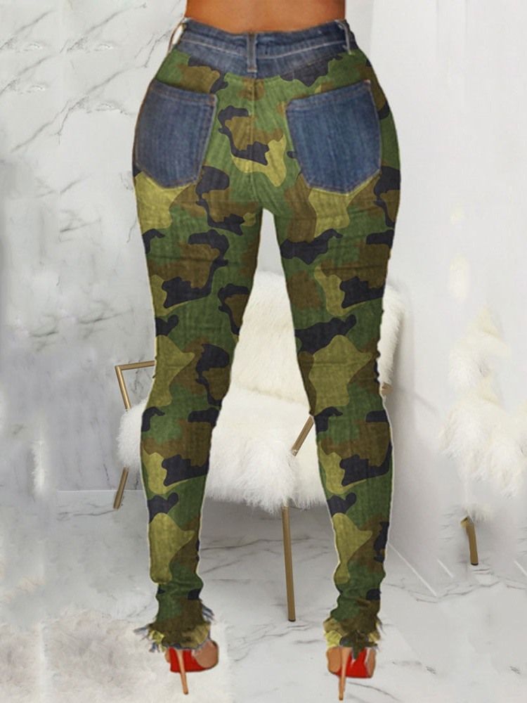 Calça Lápis Camuflagem Patchwork Calça Jeans Feminino Cintura Média