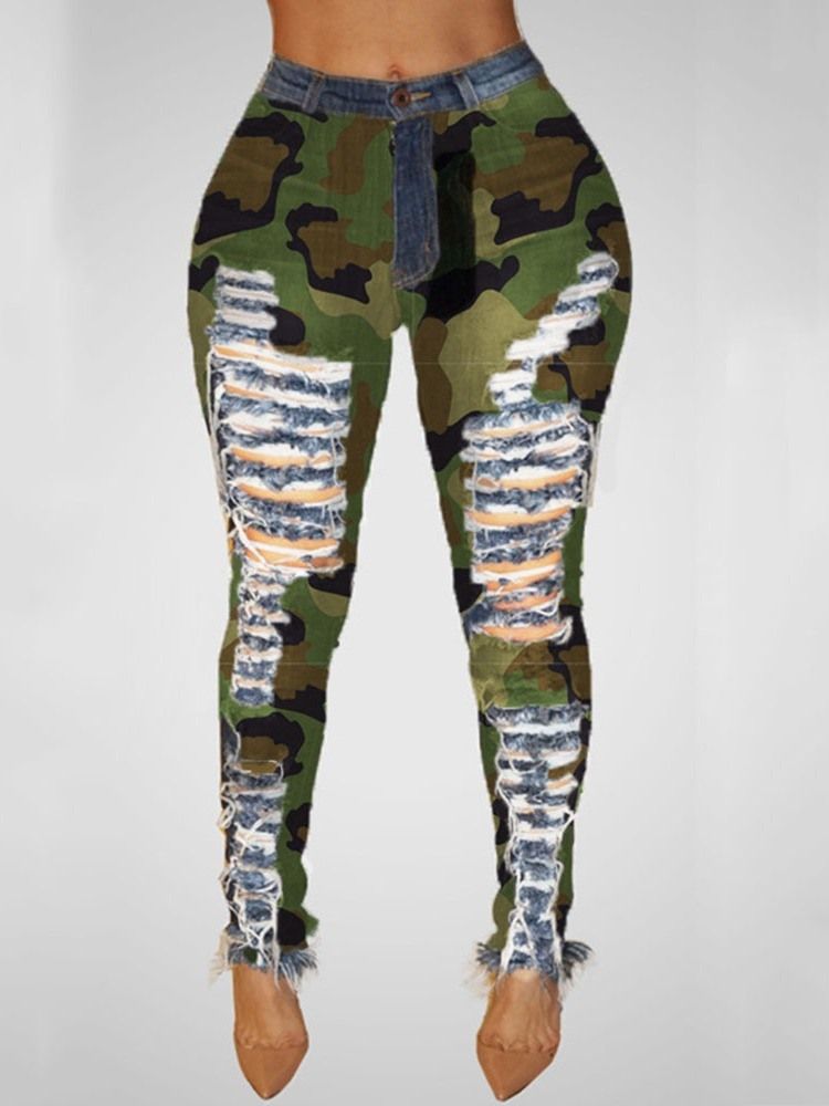 Calça Lápis Camuflagem Patchwork Calça Jeans Feminino Cintura Média