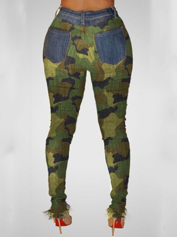 Calça Lápis Camuflagem Patchwork Calça Jeans Feminino Cintura Média