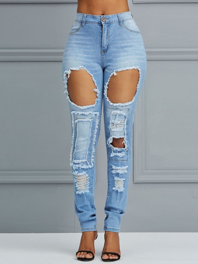 Calça Lápis De Cintura Alta Buraco Calça Jeans Feminina